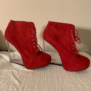 Red suede wedge shoes